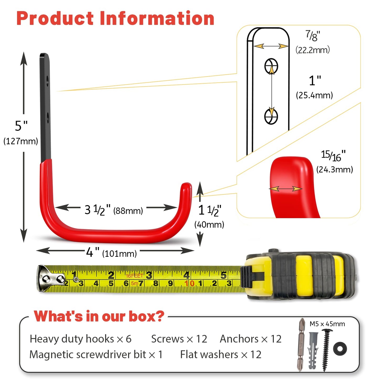 SunVFaFa 4 Inch Garage Hooks, 6 Pack Heavy Duty Wall Hooks for Hanging, Ladder Hangers for Garage Wall Mount, Steel J Utility Garden Hose Holder Tool Organizers and Storage(55lbs)
