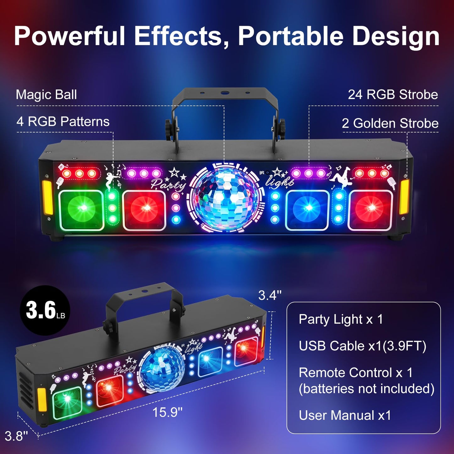 6-in-1 DJ Party Lights, DMX512 & Music Sync Stage Light, Multi-Effect Disco Ball Light with RGB Pattern, UV Black Light & Golden Strobe, Indoor LED Lighting for KTV, Bar, Club and Daily Gathering