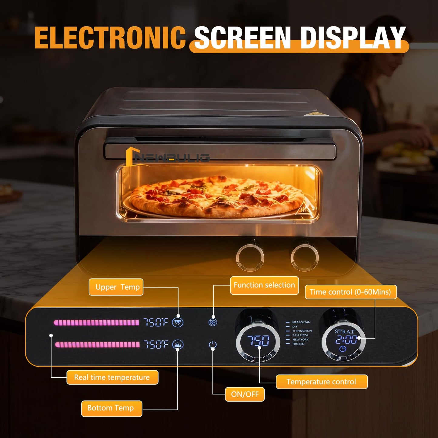 NEWBULIG Pizza Oven Indoor, Electric Pizza Maker Countertop with 6 Presets, Heats to 750°F, 1600W, Makes 12.6'' Pizzas, Includes Stone & Spatula, Touchscreen & Mechanical Control Knobs