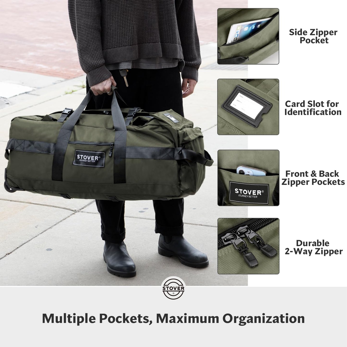 STOVER 45/80/100L Rolling Duffel Bag with Wheels, X-Large Durable Travel Duffle + Toiletry Bag, Heavy Duty, Packable with Shoulder Straps- Use as Luggage or Backpack, Men/Women (Green)