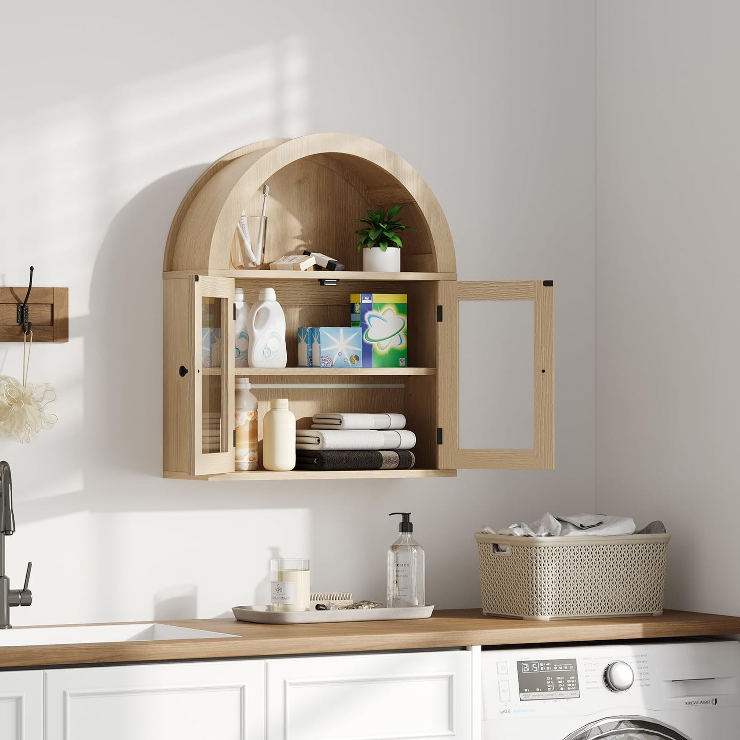 ChooChoo Arched Wall Cabinet with Acrylic Doors, Bathroom Cabinet Wall Mount Over The Toilet with Display Shelf, Wooden Storage Cabinet for Kitchen, Living Room or Entryway, Natural
