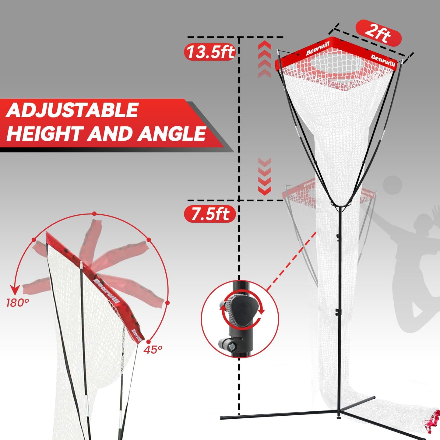 Bearwill Volleyball Setter Trainer Net, Volleyball Training Equipment Adjustable Angle Height 8-13 FT Setter Net, Indoor Outdoor Volleyball Practice Net System for Serving, Spiking and Setting