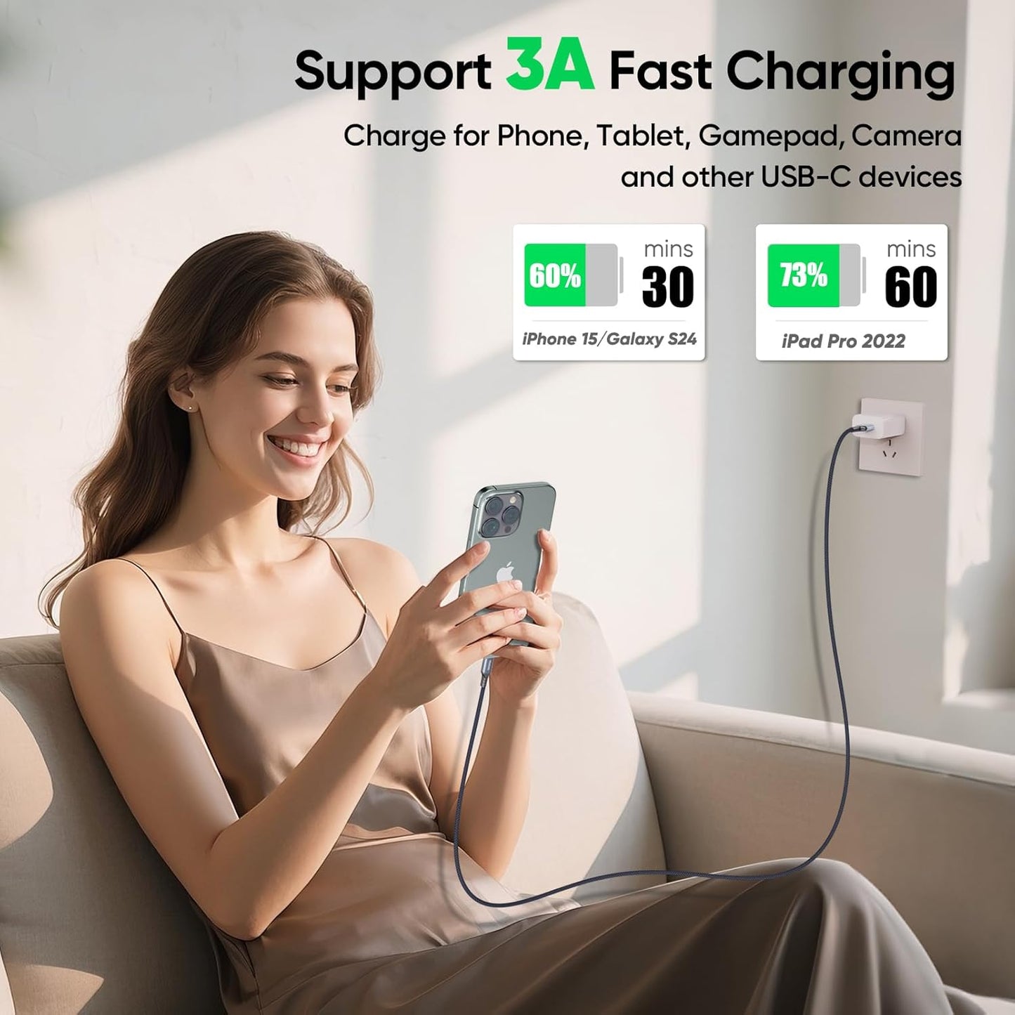 20ft 3.0 5Gbps 3A 17/16/15, Xbox/PS5 FEMORO USB C Cable Extra Long, USB Data Transfer & Charging A to Type-C Braided