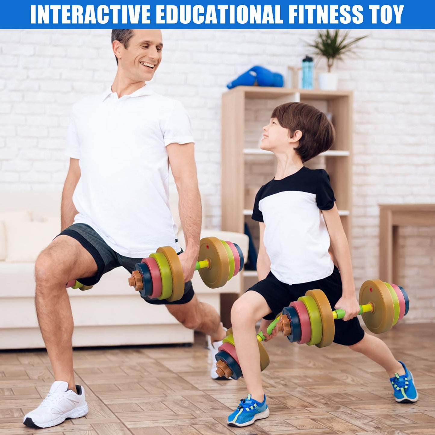 Hitish Kids Exercise Weight Set, 2-In-1 Barbell and Dumbbell Workout Equipment, Toddler Beginner Gym Toy for Pretend Play Lifting Exercise & Fitness, Adjustable Fill with Sand or Water