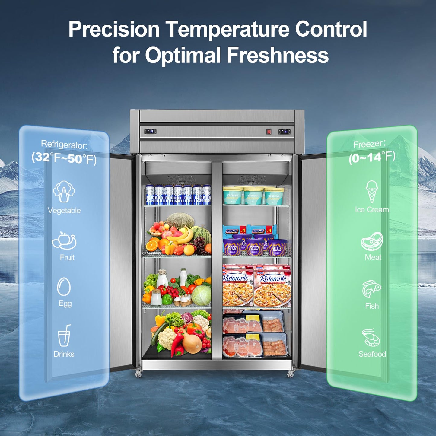 Tylza Commercial Refrigerator and Freezer Combo, 48" W Dual Temperature Zones, All Stainless Steel Design, 770L 6 Adjustable Shelves Refrigerator and Freezer Combo for Restuarant, Shop, Garage, etc