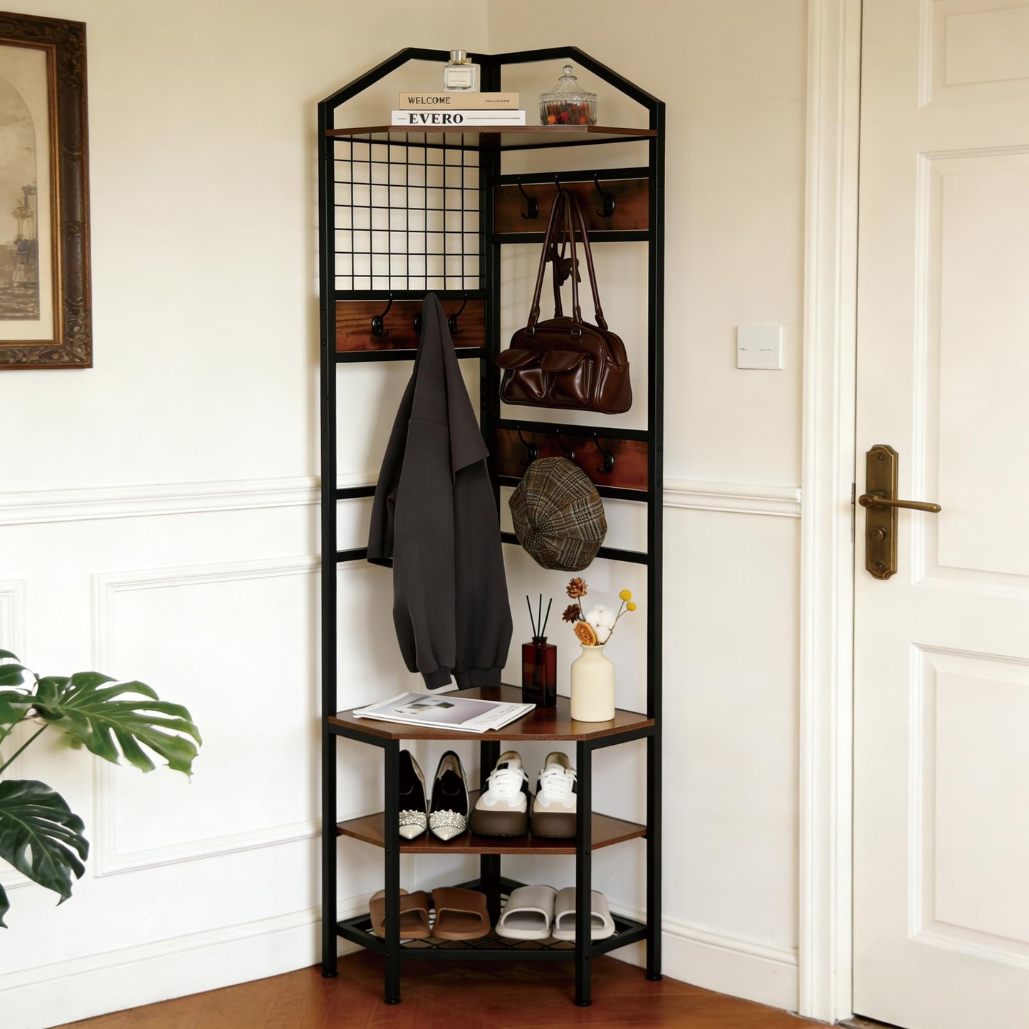 SIMHOMSTOR Heavy Duty Corner Hall Tree Organizer, 3-in-1 Industrial Freestanding Coat Storage Rack with Hooks and 4 Wooden Shelves for Entryway, Black