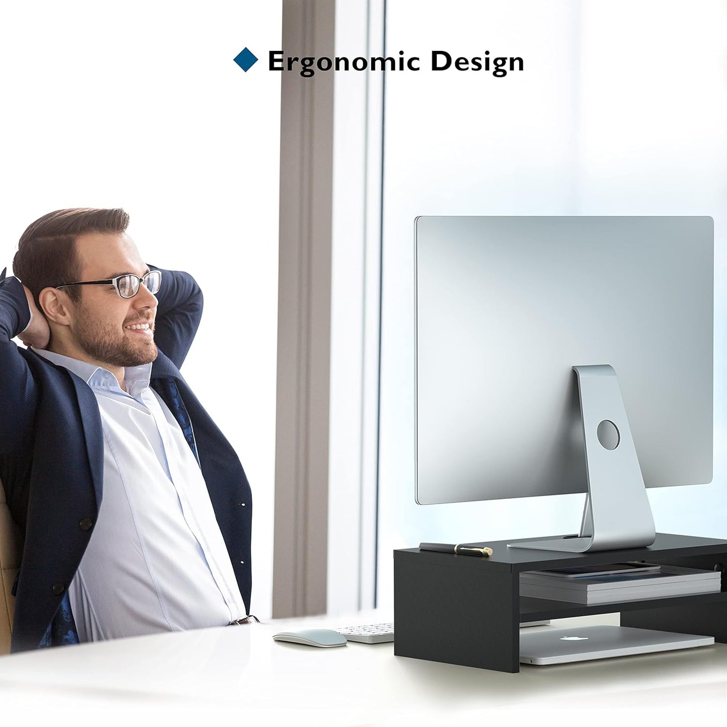 2-Tier 16.5 Inch BONTEC Wooden Monitor Stand Riser, Desk Shelf with Storage Organizer, Ergonomic Computer Stand