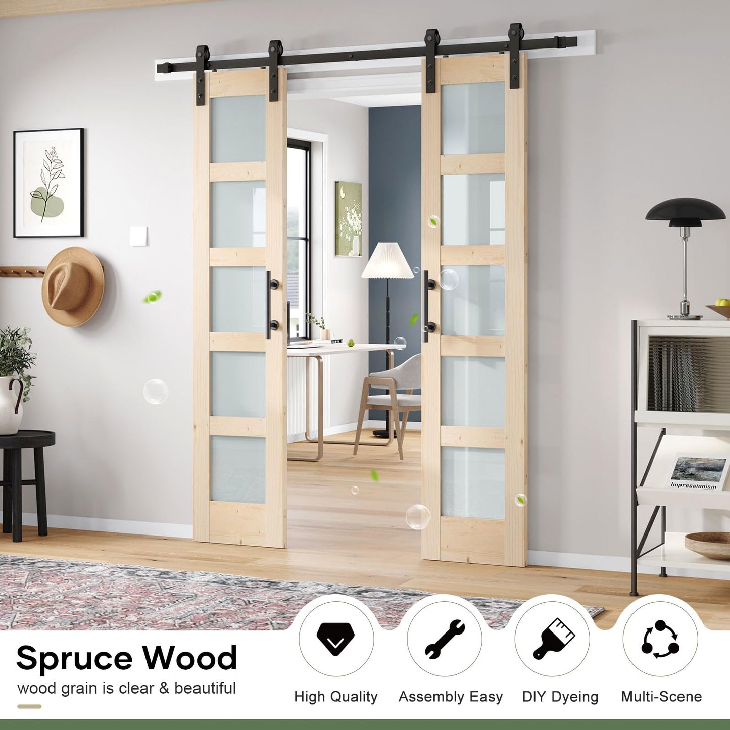 ROYMELO Double 18×84 inch Glass Sliding Barn Door Slab with 6.6ft Hardware Kit Included, 5-Panel Frosted Glass, Spruce Wood Support DIY Dyeing, Easy Assembly