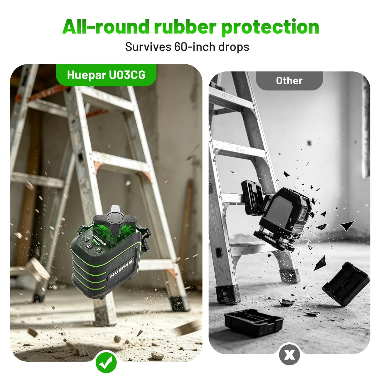 Huepar 360 Laser Level with Tripod, 60-Inch Drop Protection Self-Leveling Green Lazer Leveler Tool for Picture Hanging, Pulse Mode Adjustable Brightness, Hard Case, Green Glasses & Target Plate