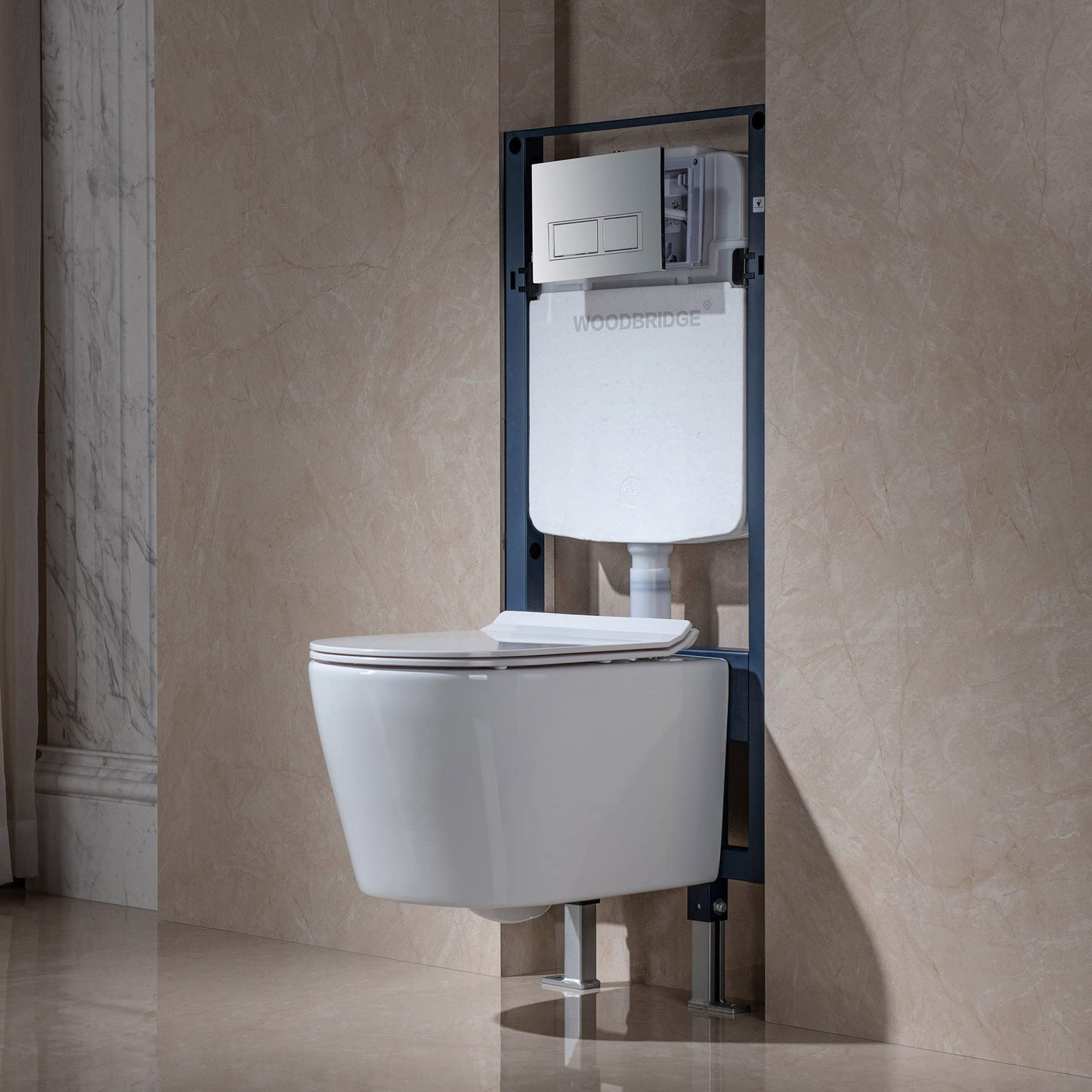 WOODBRIDGE In-Wall Toilet Tank with Polished Chrome Actuator Plate, 0.8 GPF/1.60 GPF Dual Flush,Carrier System for 2 x 4 stud installation, WHTA001