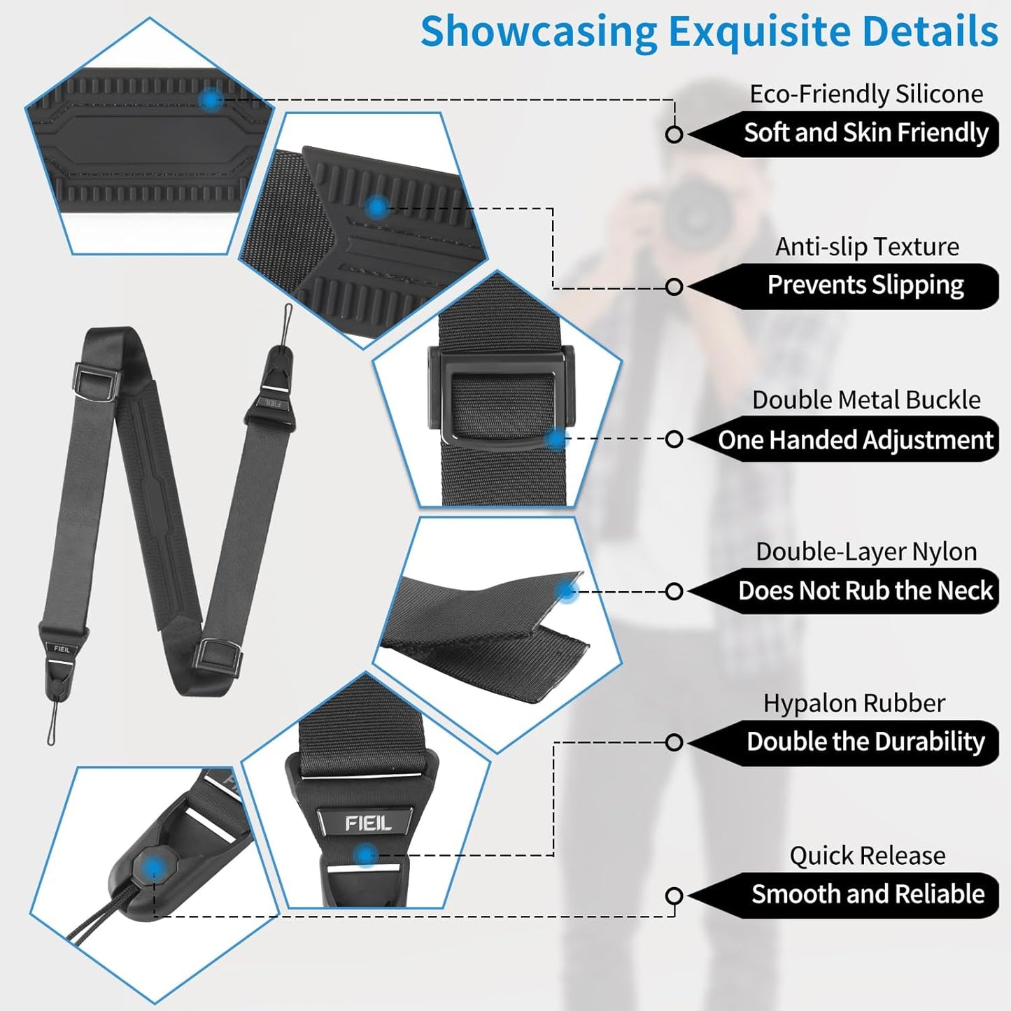 FIEIL Camera Strap with Quick Release Plate, Adjustable Camera Neck Strap, Comfort Camera Sling Strap, Quick Release