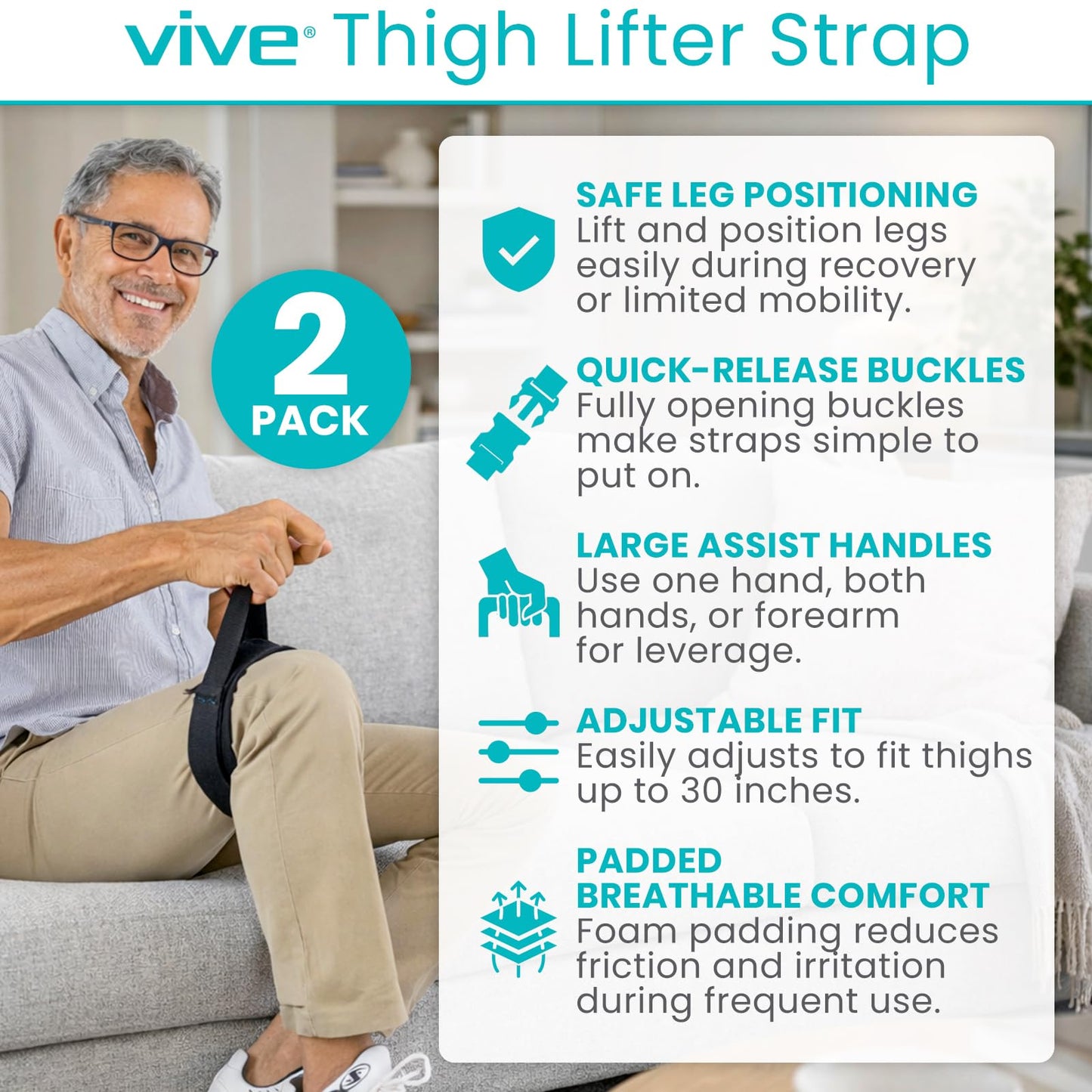 Vive Thigh Lifter Strap (2 Pack) - Pull Up Assistance Band - Medical Equipment Padded Wrist Tool For Leg Movement - Transfer Device For Limited Mobility, Knee Recovery - For Elderly, Senior & Disabled