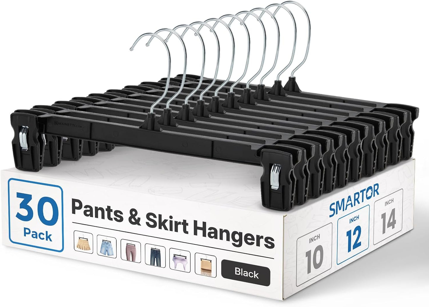 Smartor Pants Hangers - 30 Pack Heavy-Duty Black Clips with 360° Hooks for Shorts, Trousers & Jeans | 12 Inch