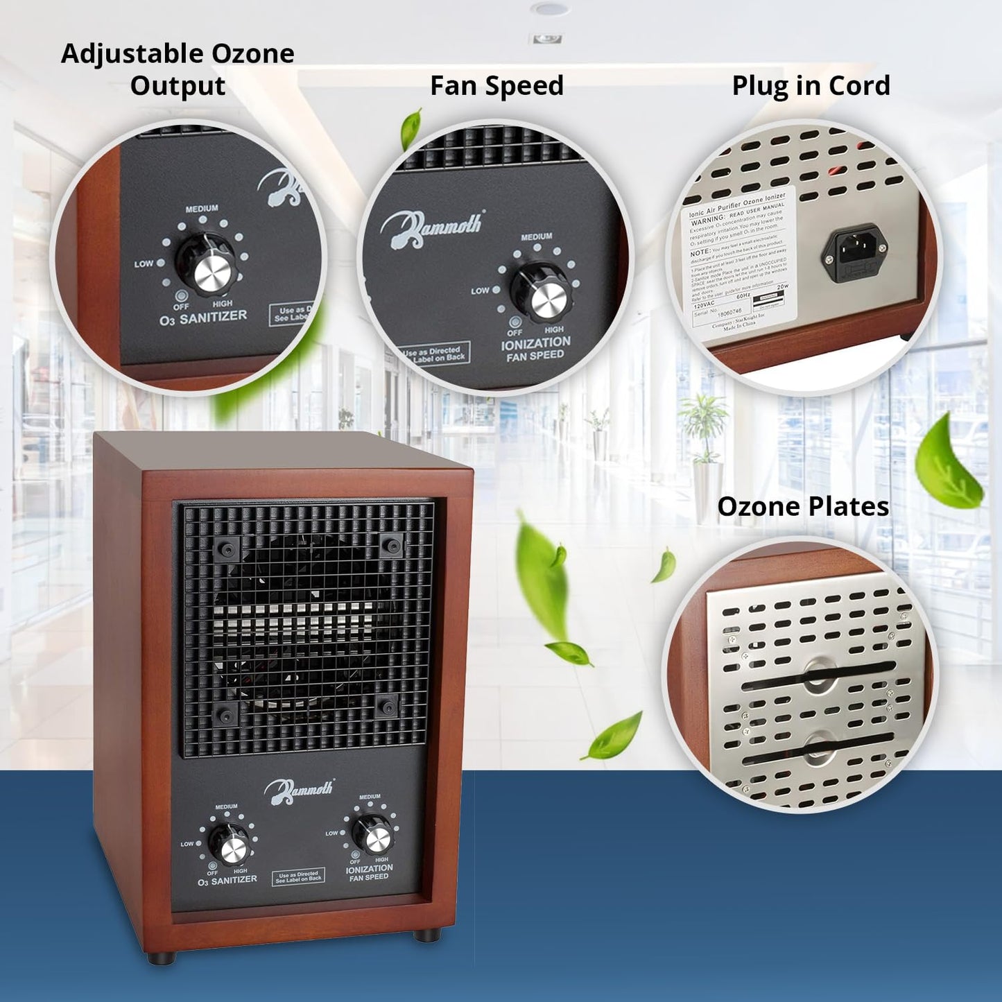 Mammoth Ion and Ozone Generator 3000 mg/hour, Adjustable up to 3,500 SqFt Ionizer & Deodorizer Ozone Odor Eliminator- Ozone Machine Wooden Design Ideal for Dust, Pollen, Pets & Smoke Smell