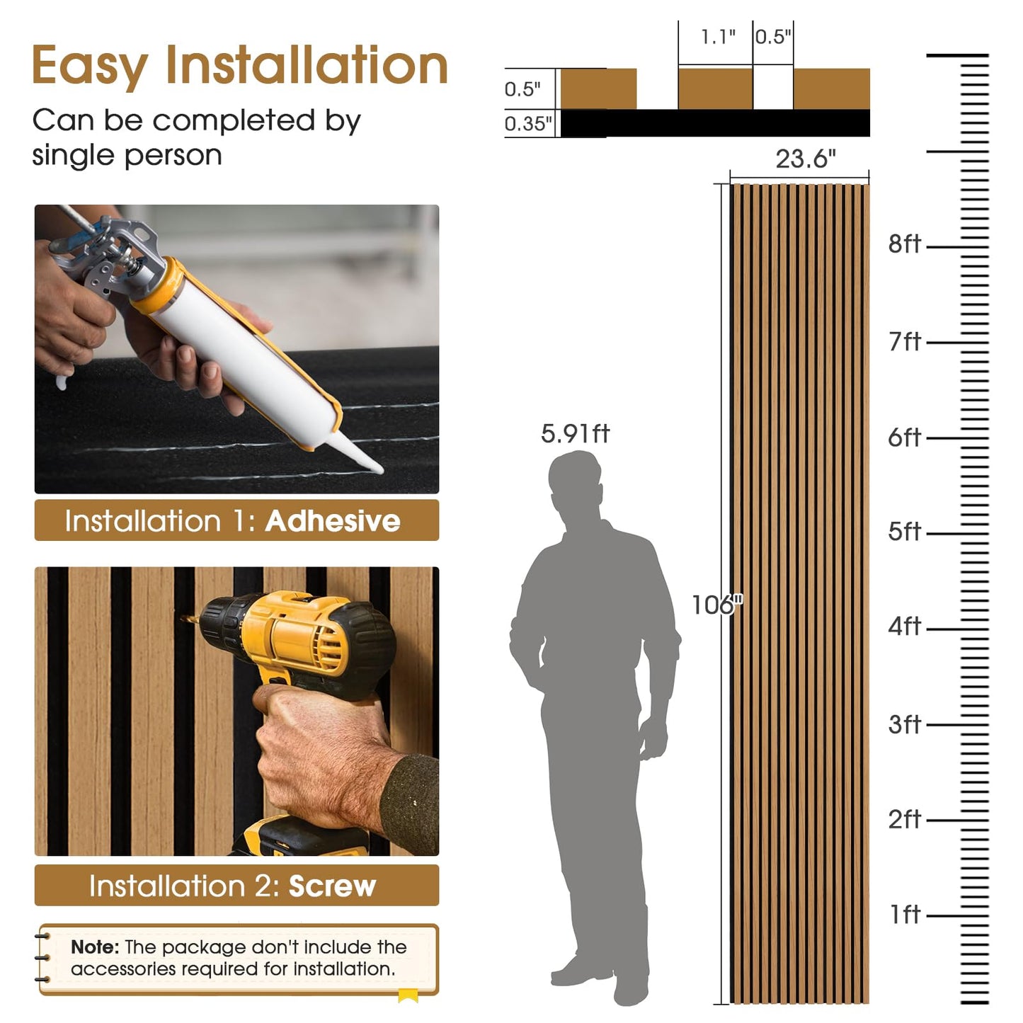 LARWORKS Wood Slat Wall Panels 2 Pack 106" x 23.6", Acoustic Wooden Panel for Wall, Soundproof 3D Fluted Panels for Interior Wall Decor, Living Room, Bedroom - Teak (Cover Approx.35 sq.ft)