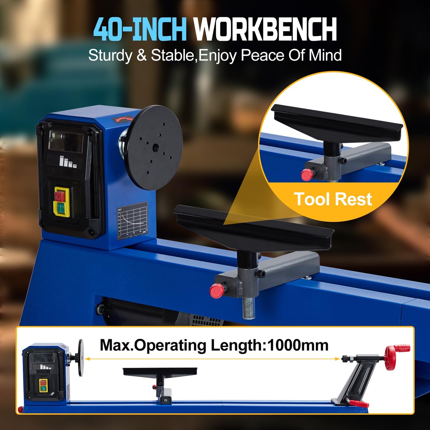 Wood Lathe, 14" x 40" Benchtop Wood Lathe Machine 0.5 HP Infinitely Variable Speed 1040-2980 RPM, Wood Turning Lathe Machine with Wrench & 2 Chisels for Woodworking, Woodturning