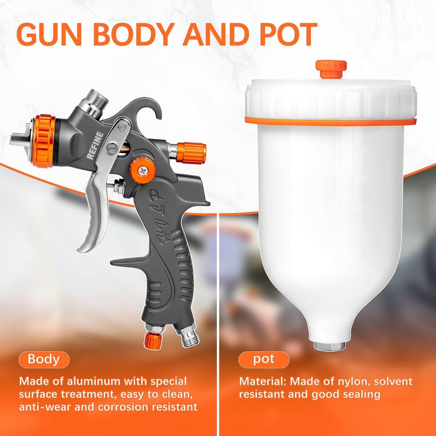 REFINE HVLP Air Gravity Spray Gun Sets, 2-Spray Paint Gun, 1.0mm 100ml & 1.4/1.7mm 600ml Auto Paint Sprayer Gun with Air Regulator for Car Paint, Primer, Topcoat & Touch-Up, Furniture, House Painting.