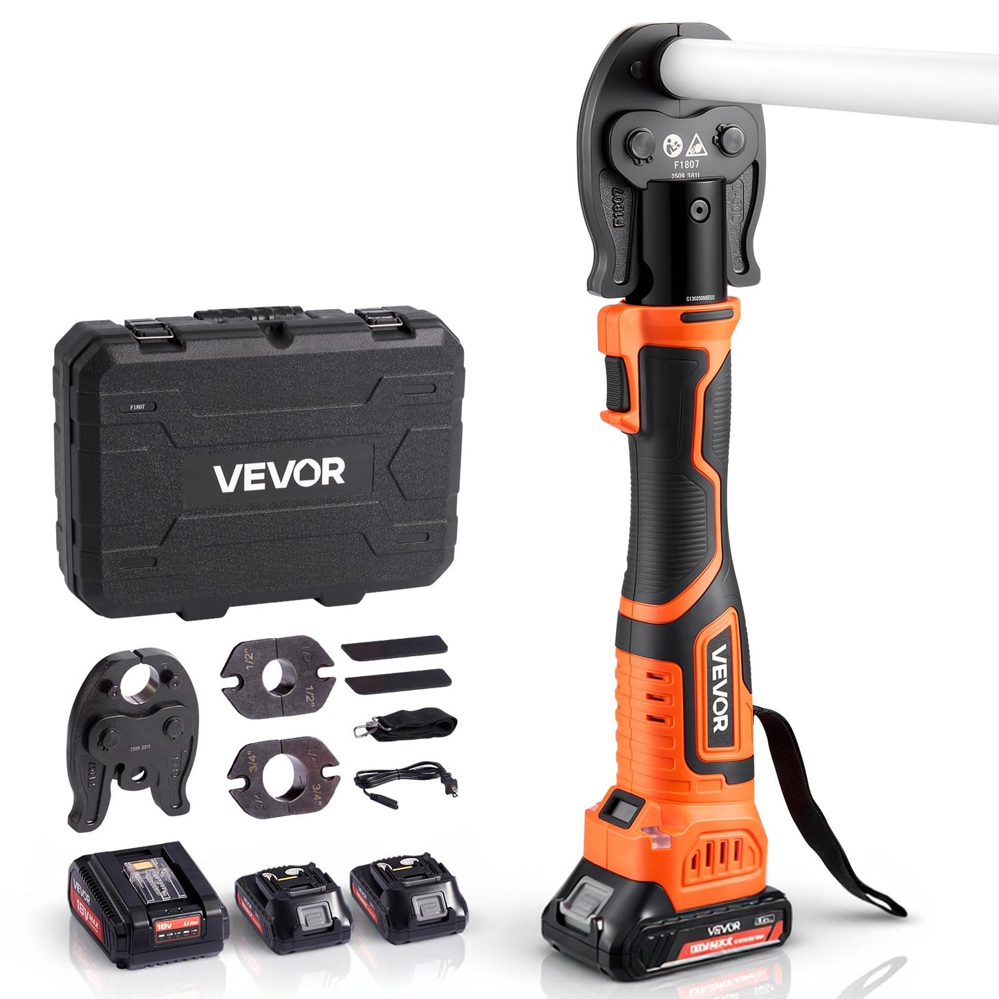 VEVOR Cordless Mini Press Tool, 18V Electric Pipe Crimping Tool for 1/2", 3/4", 1" PEX Pipe Copper Rings, 24KN PEX Press Tool with 2pcs Battery, Fast Charger & Carrying Case - Meet ASTM F1807 Standard