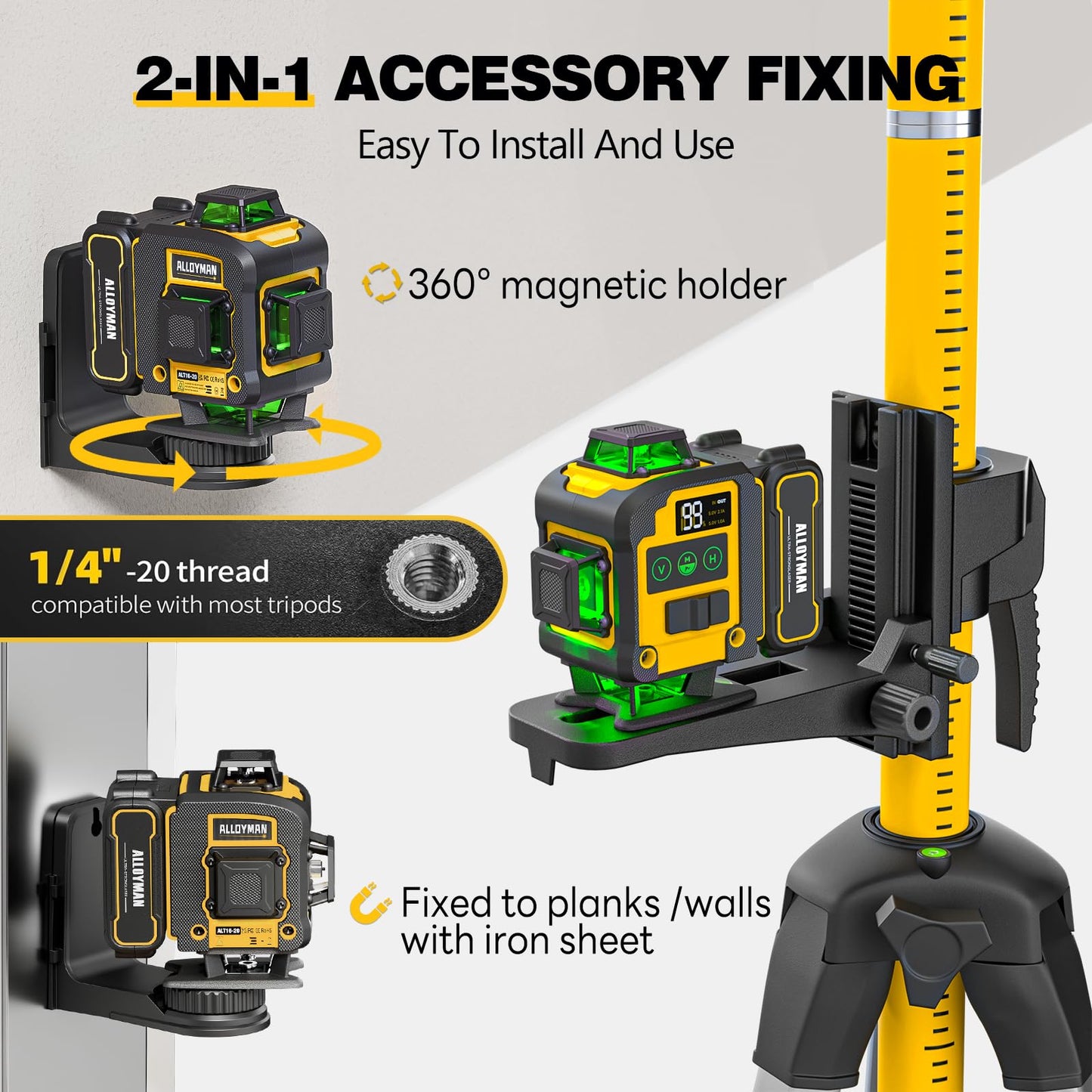 Alloyman 4x360°Self Leveling Laser Level, 12 Ft./3.7M Professional Laser Level Pole with Tripod, Green Line Lazer Leveler Tool with 2* Li-ion Batteries for Picture Hanging, Tile, Home Renovation