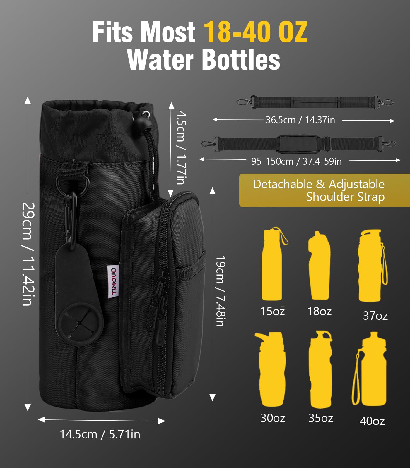TiMOVO Magnetic Gym Bag, Water Bottle Holder with Strap & Phone Pockets, Built-in 5 Neodymium Magnets, Fits 18–40 oz Bottles, Gym Accessories for Sports, Travel, Workout, Black