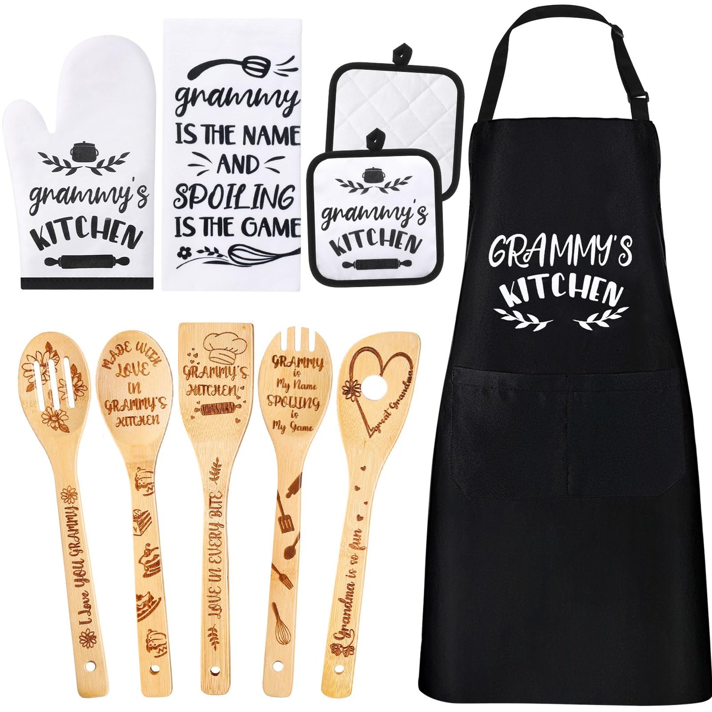 Leyndo 10 Pcs Mother's Day Grammy Kitchen Gifts Set Include Apron Tea Towel Tea Spoon Pot Holder Oven Mitt Bamboo Kitchen Spatula Cooking Baking