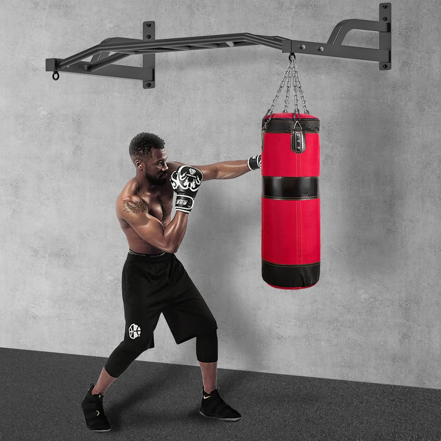 SELEWARE 48'' Multi-grip Pull Up Bar Wall Mount Heavy Duty Chin Up Bar with Hangers for Heavy Bag Home Gym Strength Workout Straps Support 500 lbs