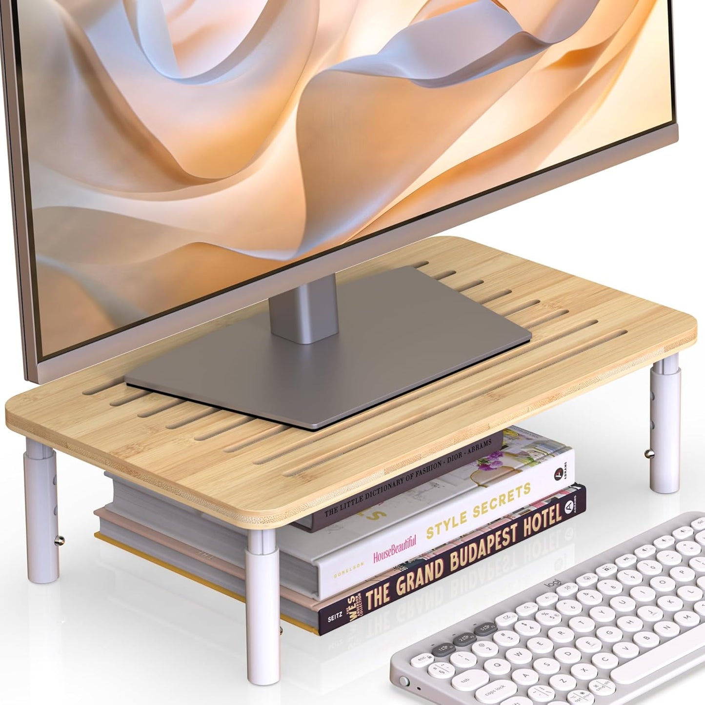 4 Bamboo Monitor Stand Riser, Adjustable Height, Laptop Stand with Airflow Vents, Desk Organizer for Computer, PC