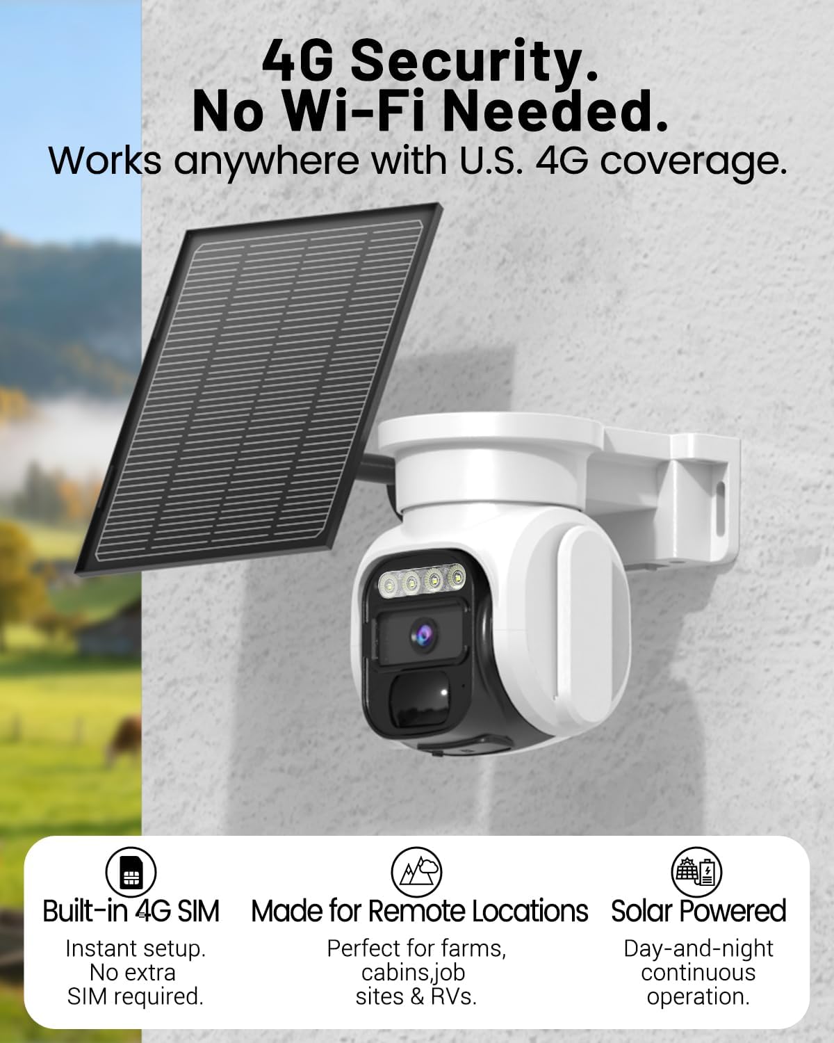 runofast 4G 2K 350 2 LTE Cellular Security Camera Outdoor, Solar No WiFi Camera Wireless, Battery Power, Built in SIM