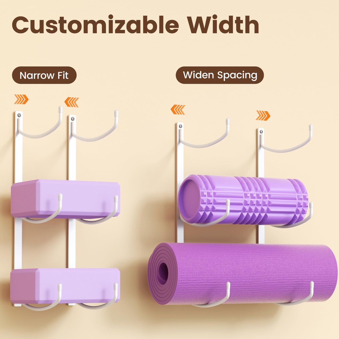 Josmimic Yoga Mat Holder Wall Mount, 3-Tier Storage Rack for Yoga Mat, Foam Roller, Block, Yoga Accessories, Wall Organizer for Home Gym, Gym, Workout Room, Metal, White