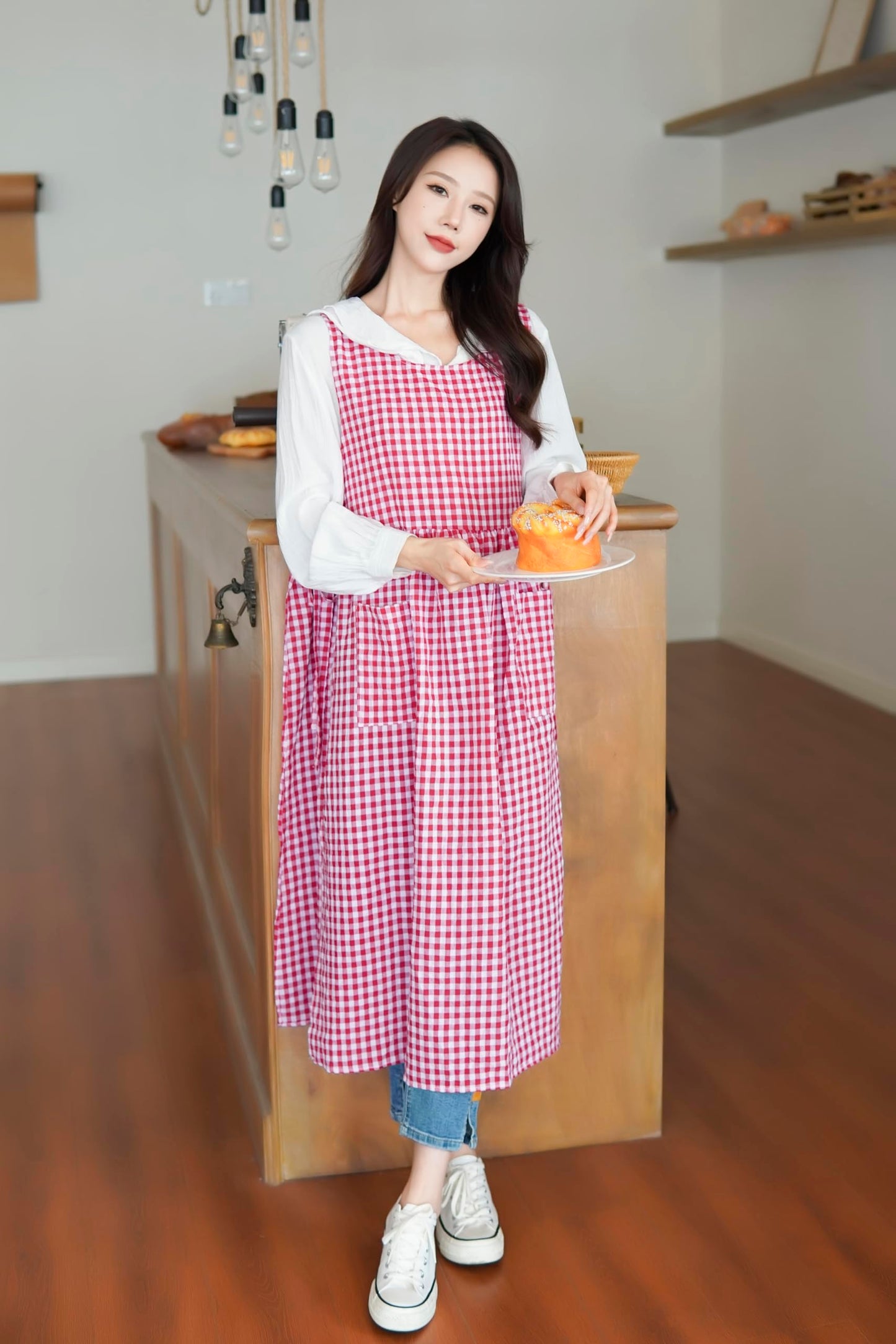 TALIBSA Plaid Apron Dress，Japanese Cotton Linen Cross Back Apron for Women with Pockets，Pinafore Dress with Waist Ties (Red Plaid)