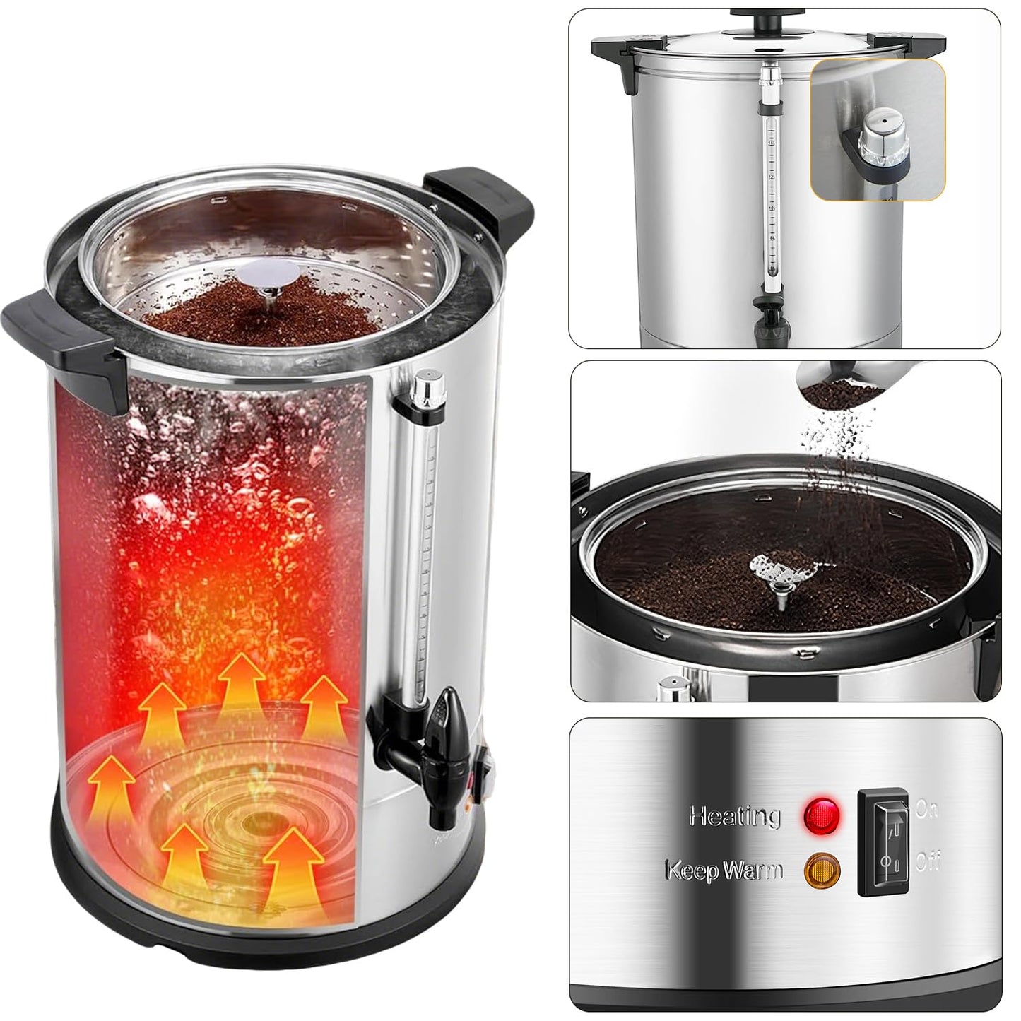 CTJ Commercial Coffee Urn 100-Cup Percolate Coffee Maker Stainless Steel Hot Water Urns 15L/4 Gallon Large Capacity Hot Beverage Dispenser with Removable Filter for Coffee, Tea, Water