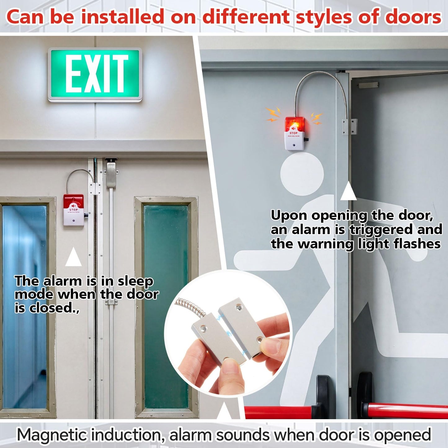 Konohan 2 Pcs Exit Stopper Door Alarm with 110db Siren Emergency Door Alarms When Opened, Easy Installation Battery Powered Magnetic Sensor for Unauthorized Entry Prevent Commercial Warehouse Retail