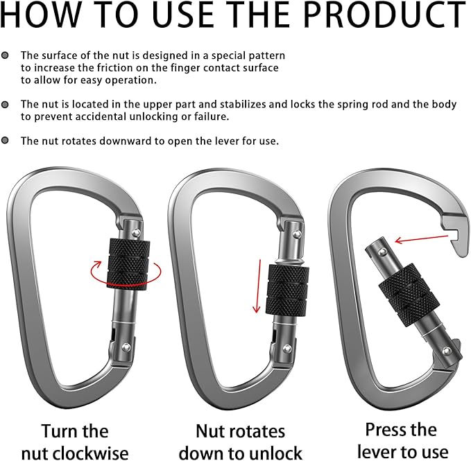 Premium Aluminum D Ring 4" Locking Carabiner Clips with Screw Gate, Set of 4, Lightweight & Durable for Hiking, Camping, Hammock, Dog Leash Harness, Keychains