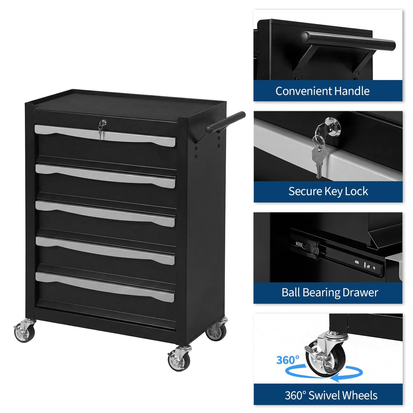 5-Drawer Tool Chest, Rolling Tool Cart, Large Capacity Tool Storage Cabinet with Keyed Locking and Drawer Liners, Link Buckle, and Can Be Combined to Large Cabinet Set, for Garage, Workshop, Warehouse