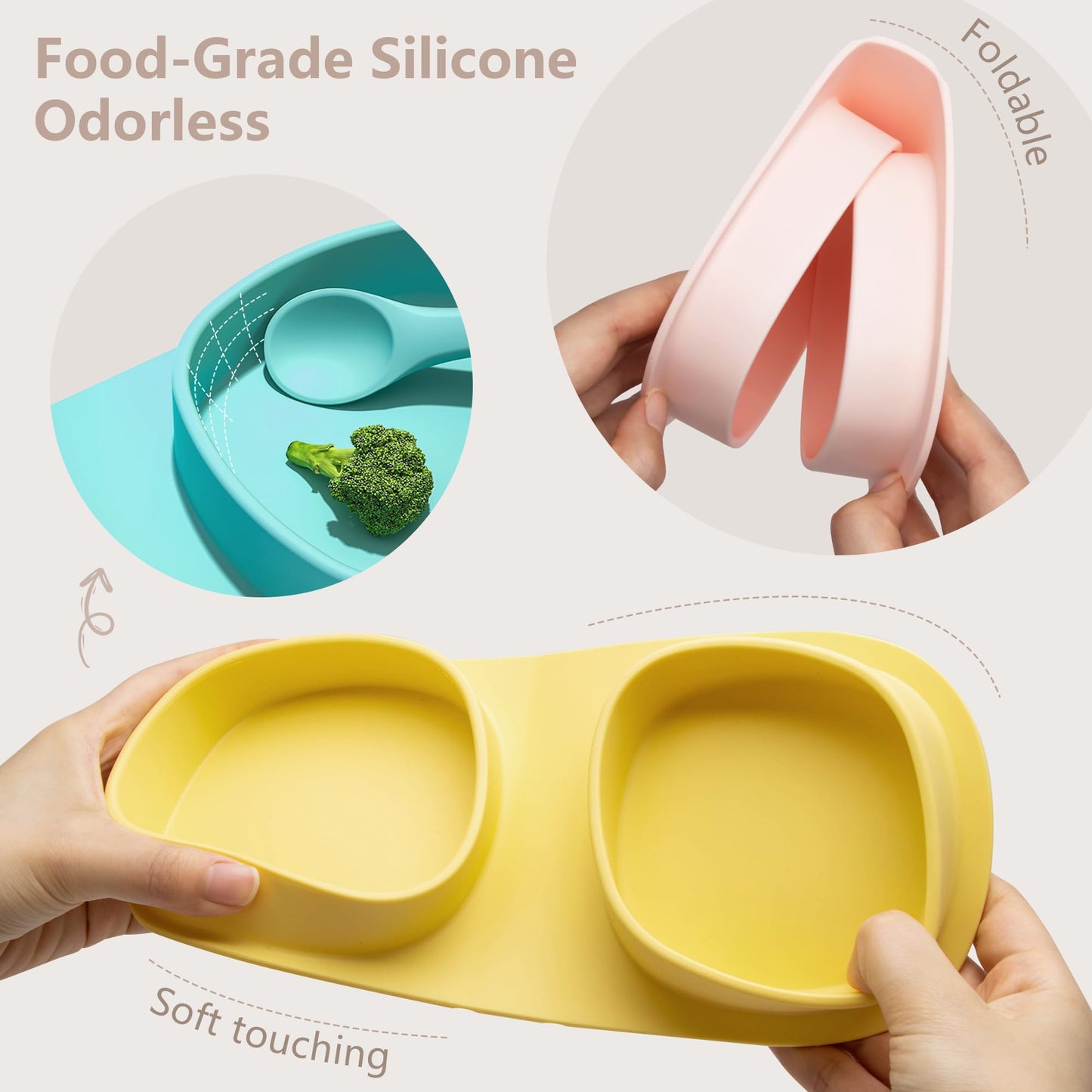 yahaa Silicone Foldable Novelty Dinner Plates, Baby Plates Travel Essential with Forks and Spoons, Microwave & Dishwasher Safe, Blush