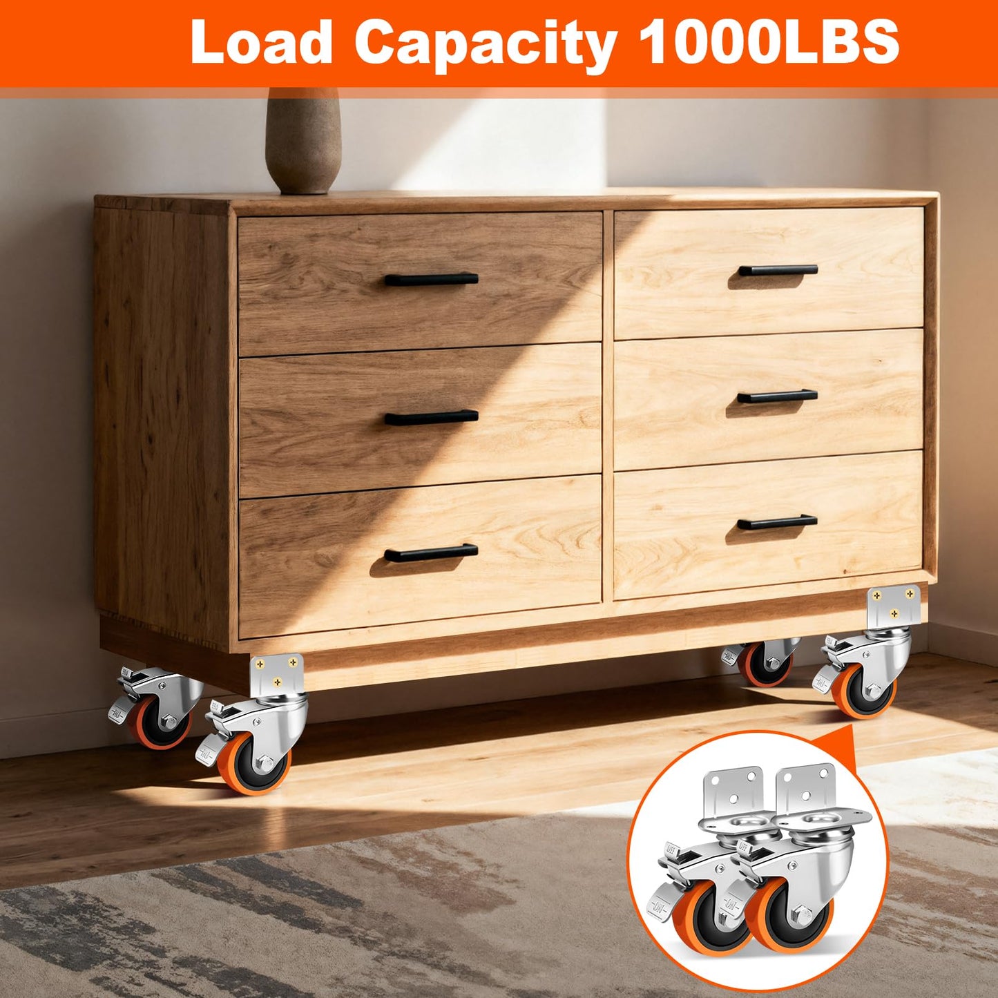 3 Inch Side Mount Casters Set of 4, L-Shape Heavy Duty Plate Caster Wheels 1000 LBS,Swivel Castors with Brakes,Silent Rubber Wheels for Furniture, Carts,Table,Office Chair