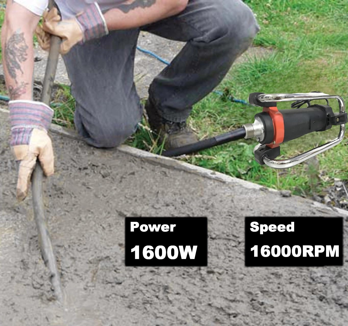 1600W Power Concrete Vibrator, 16000RPM 2HP Handheld Concrete Vibrating Tool, Concrete Construction Immersion Vibrator with Ø1.5” Rod & 14.75ft Flexible Shaft