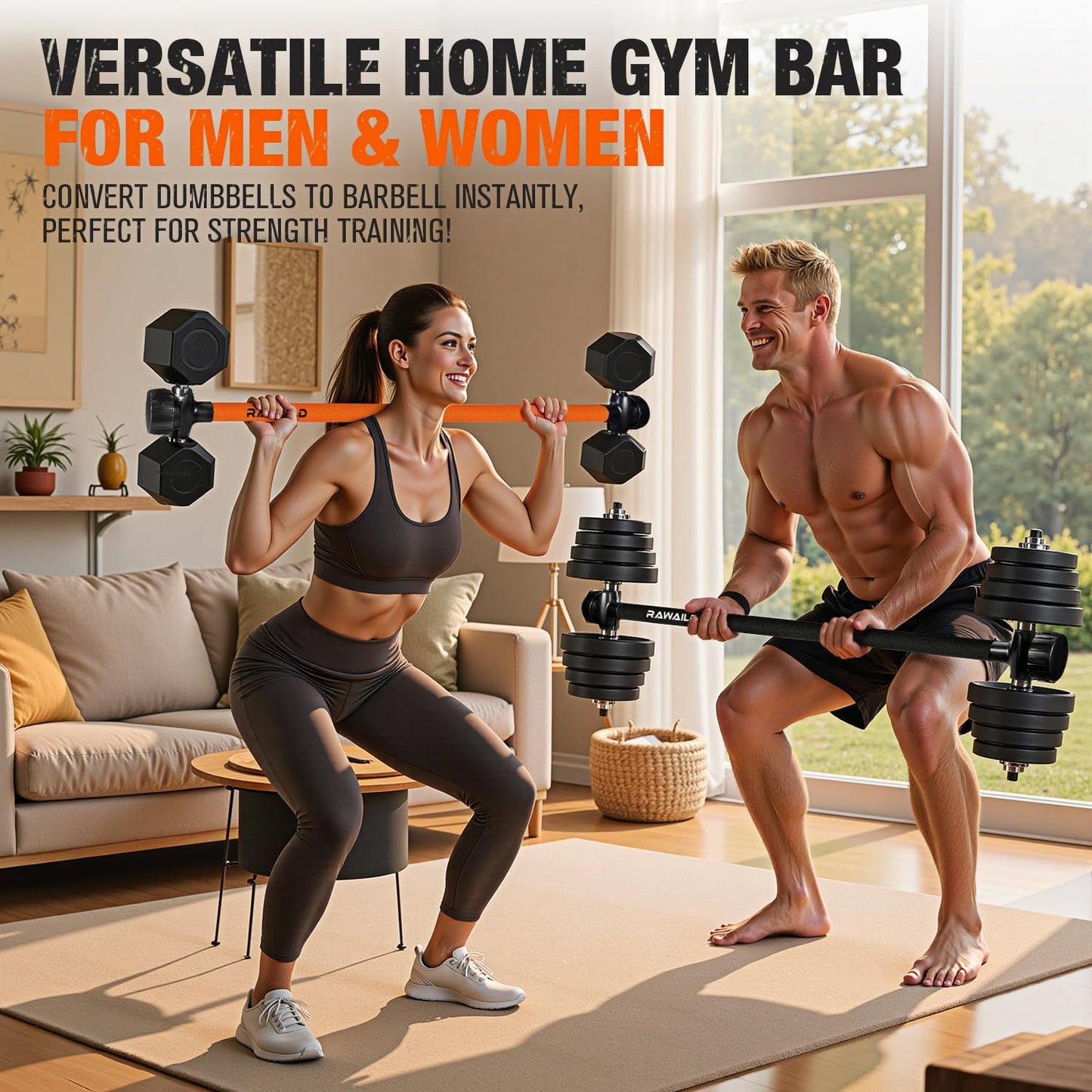 Dumbbell to Barbell Converter Bar - Adjustable Weight Bar for Home Gym, Converts Dumbbells to Barbell Set, 300lbs Capacity, Anti-Slip Foam Grip, Compatible with Standard Dumbbells