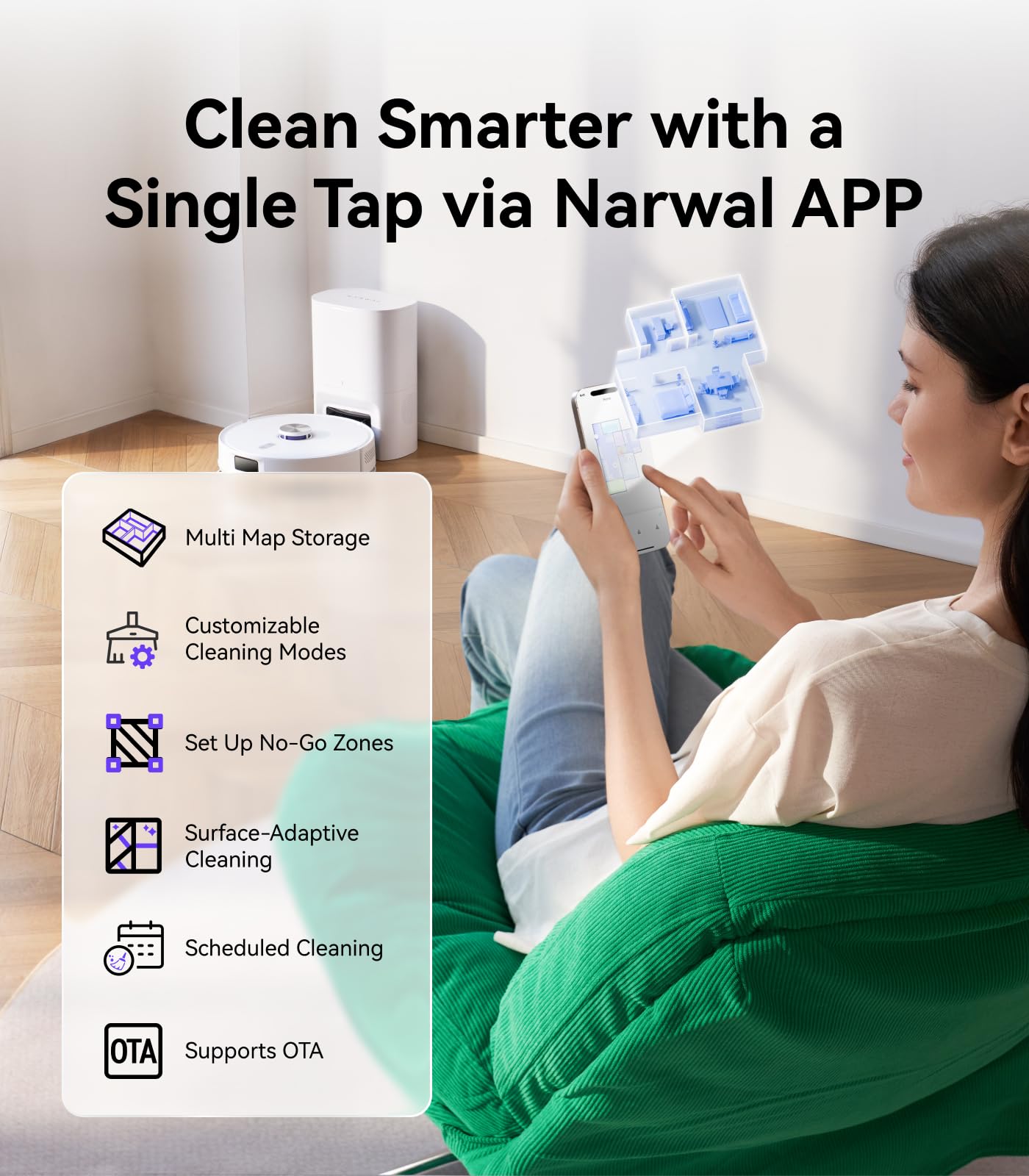 NARWAL Freo S Robot Vacuum and Mop Combo, 8000Pa Suction, 180 Days Hands-Free,Self-Emptying Base, LDS Navigation & Obstacle Avoidance, App & Voice Control, Quiet, for Pet Hair, Hard Floors & Carpets