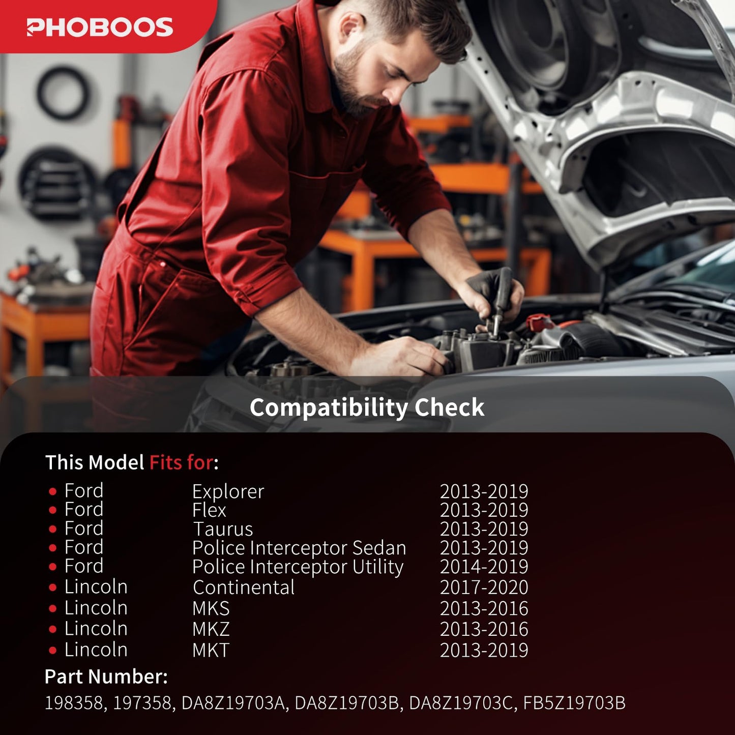 PHOBOOS A/C Compressor with Clutch Compatible with Ford Explorer, Flex, Taurus, Police Interceptor & Lincoln Continental, MKS, MKZ, MKT 2013-2020, 3.5/3.7L, Fast Cooling, Low Noise, Ref.198358