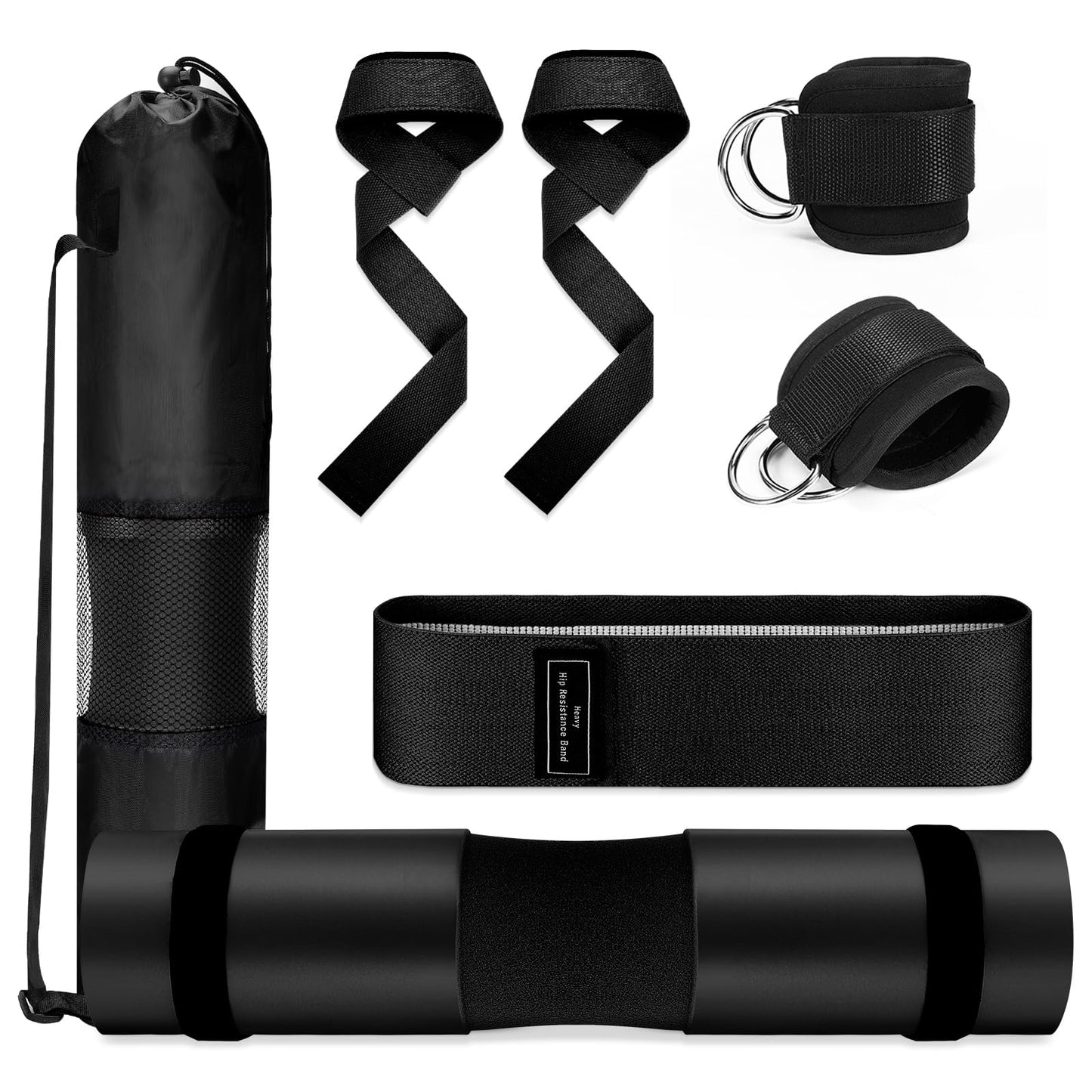 Turakun Gym Barbell Pad Set: Hip Thrusts Pad for Squats Ankle Strap for Cable Machine Hip Resistance Band Weight Lifting Strap and Carry Bag Gym Equipment Accessories, Black