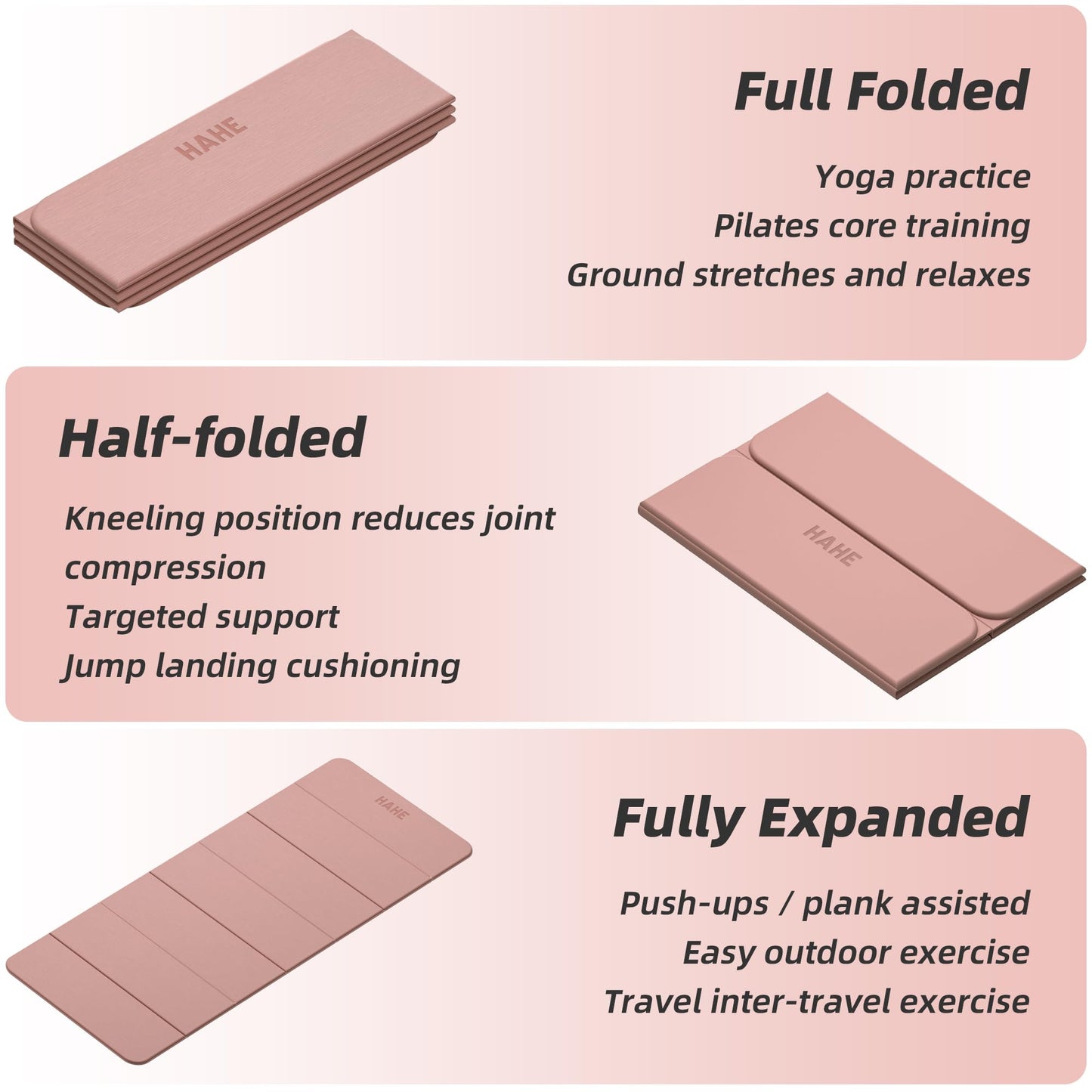 Foldable Yoga Mat, 74"Lx32"Wx1/3"Thick, Folding Exercise Mat, Non-slip Wide Pilates Mats for Home Workout/Travel, Portable Yoga Mat Thick for Yoga/Pilates/Camping/Floor Exercises (Bright Pink)