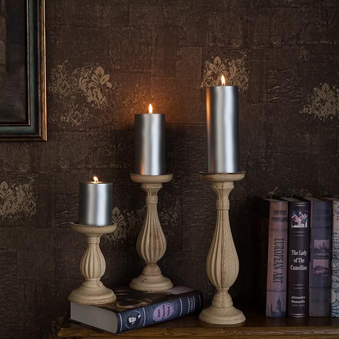 MOZEAL 3" x 6" Hand-Poured Unscented Candle,Dripless Pillar Candle Set of 3,Long Lasting Burning,Approx 120 Hours Burn Time,Rustic Country Style,for Wedding,Dinner,Christmas and Home Decor,Silver