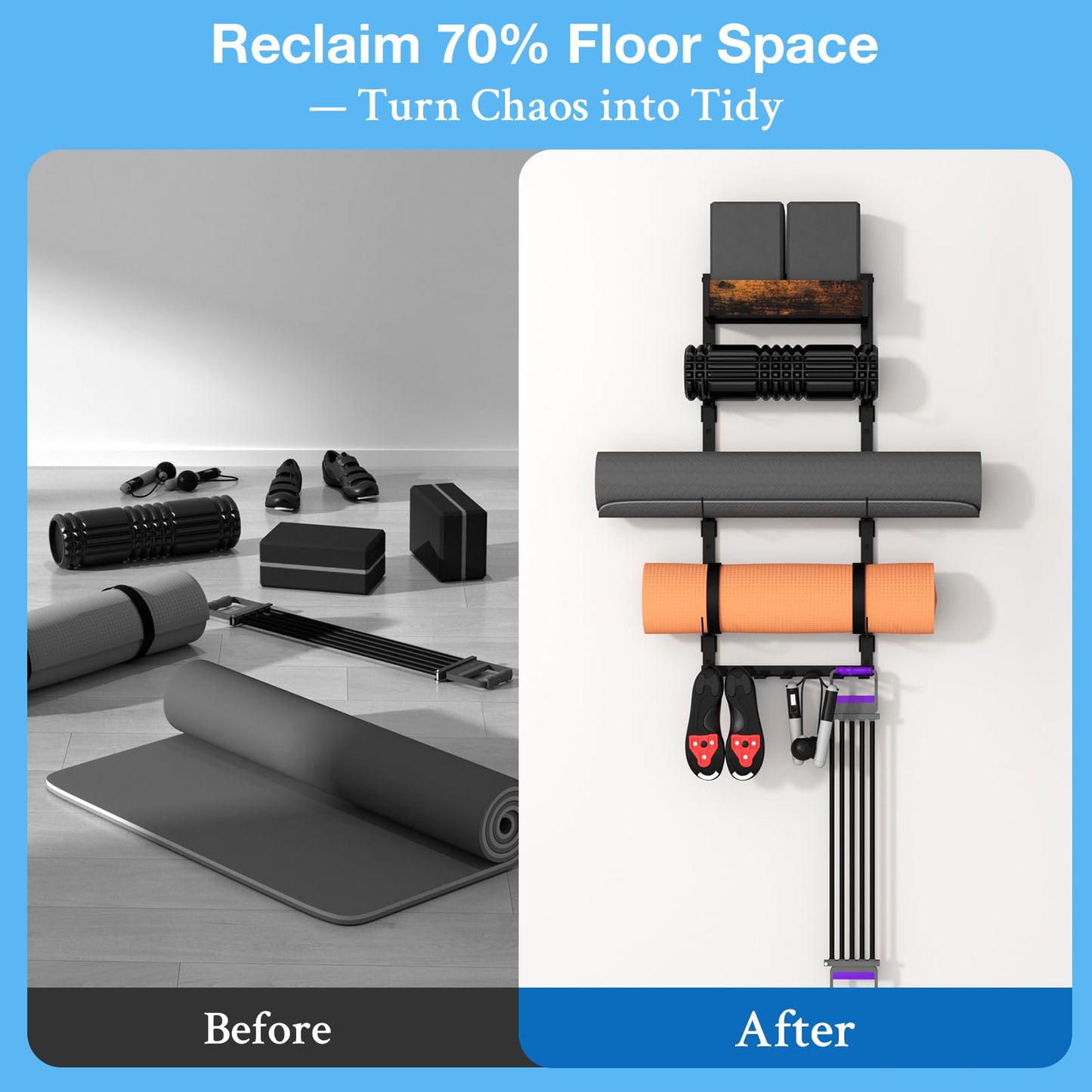 Yoga Mat Holder Wall Mount - Tool-free Adjustable Yoga Mat Rack Shelf, All-in-one Foam Roller Holder for Resistance Bands & Blocks, Space-saving Home Gym Organizer for Small Space Training Storage