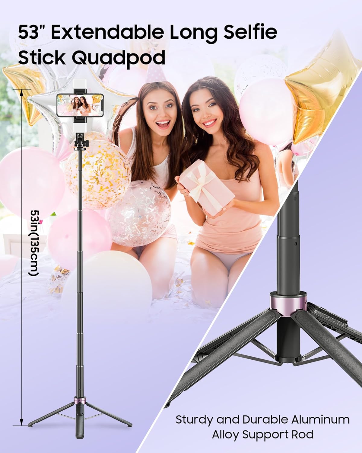 ACKIMA 53'' 4-Leg 2 Selfie Stick Tripod with Light, Enhanced Cell Phone Stand Camera Tripod with Rechargeable Wireless