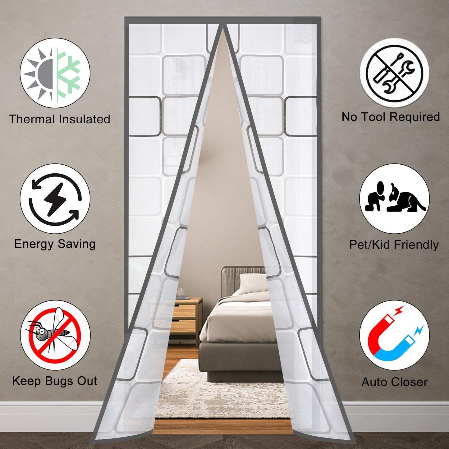 Insulated Door Curtain, Thermal Magnetic Self-Sealing EVA Door Screen Winter Stop Draft Keep Cold Out Door Cover for Kitchen, Bedroom, Air Conditioner Room,Hands Free (37" x 82")