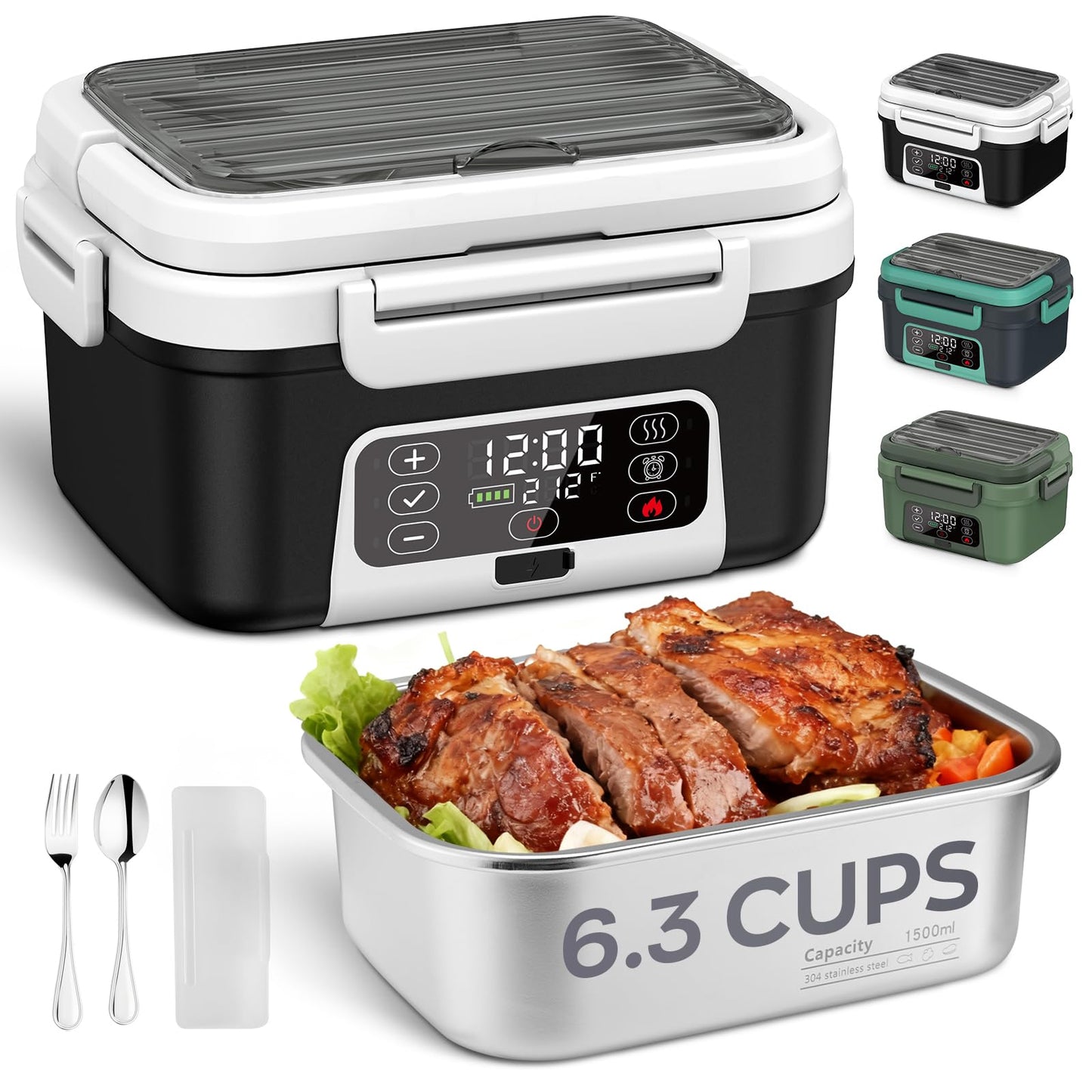 Odopok Cordless Electric Lunch Box, 6.3 Cup 100W Heated Lunch Box with 20000mAH Battery Powered for Self Heating, Including Fork Spoon and Insulated Bag for Men Women Adults, BPA Free(Black+White)