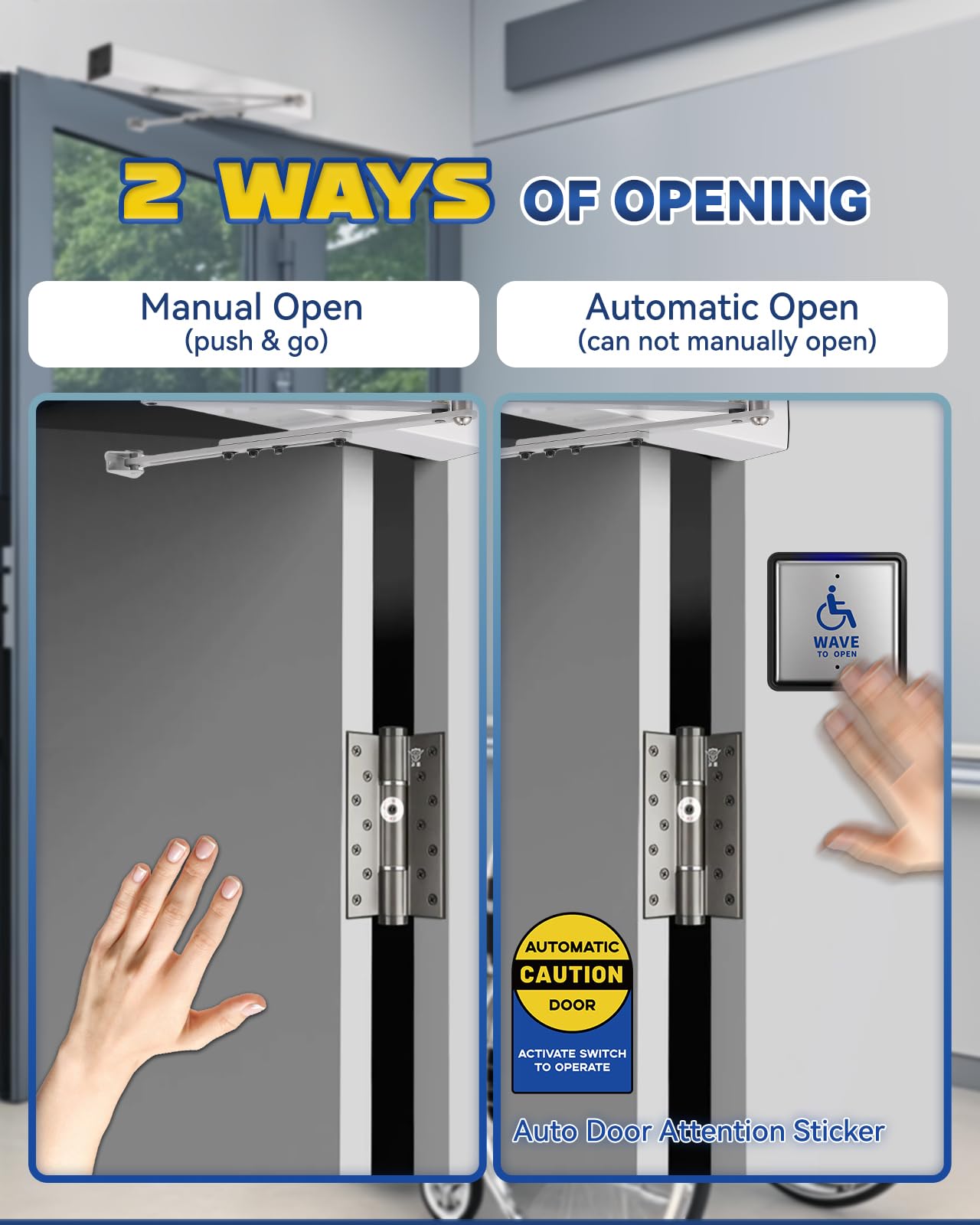 Handicap Door Opener, Automatic Swing Door Operator for Disabled People, Low Energy ADA with Stainless Steel Wave-to-Open Buttons