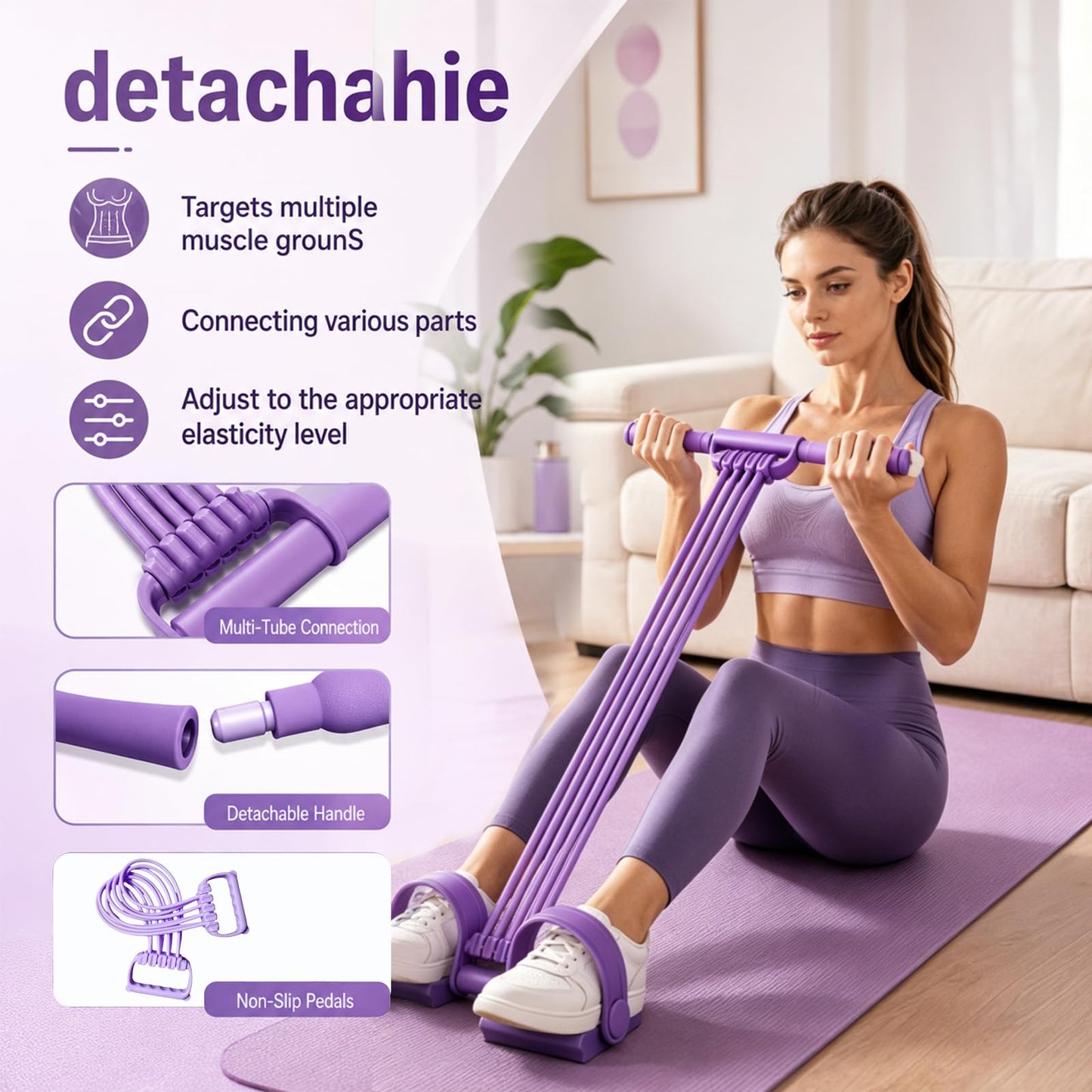 Pedal Resistance Band with Handles, 8 Tube Upgraded Exercise Band, 3-in-1 Multi-Function Latex Fitness Equipment for Foot Pull, Back & Chest Workout (Purple)