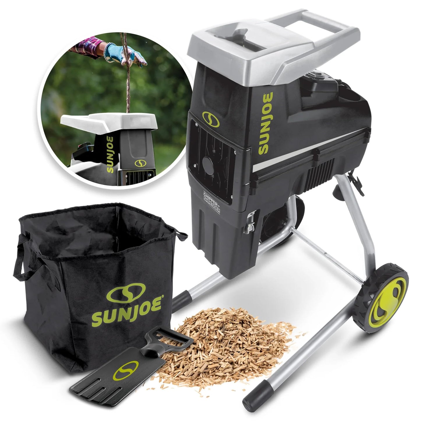 Sun Joe Wood Chipper Shredder and Waste Shredding Machine w/Collection Bag, 1.7-Inch Cutting Diameter, 15-Amp Motor - Portable Electric Equipment, Lawn Care CJ603E